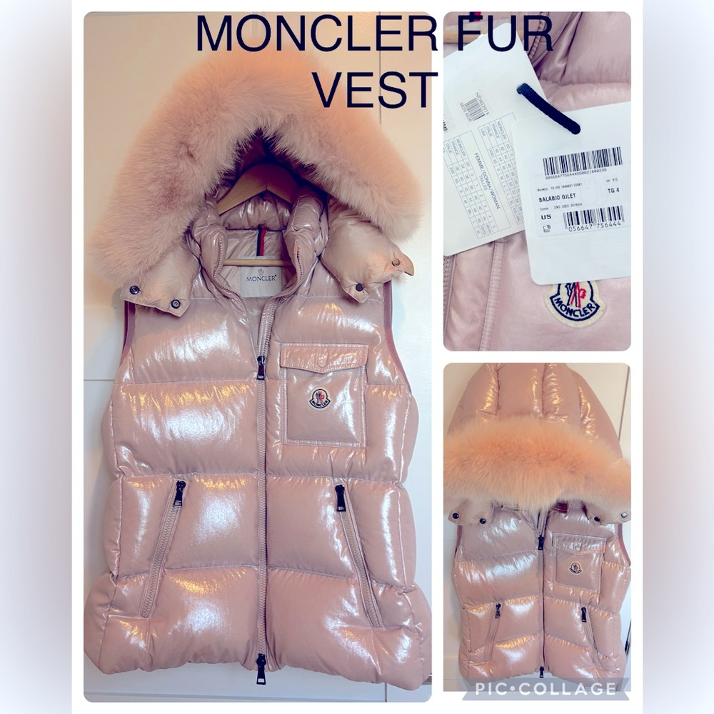 MONCLER FUR VEST W TAGS, REMOVABLE HOOD
PALE PINK
SIZE 4 
GORGEOUSExcellent cond